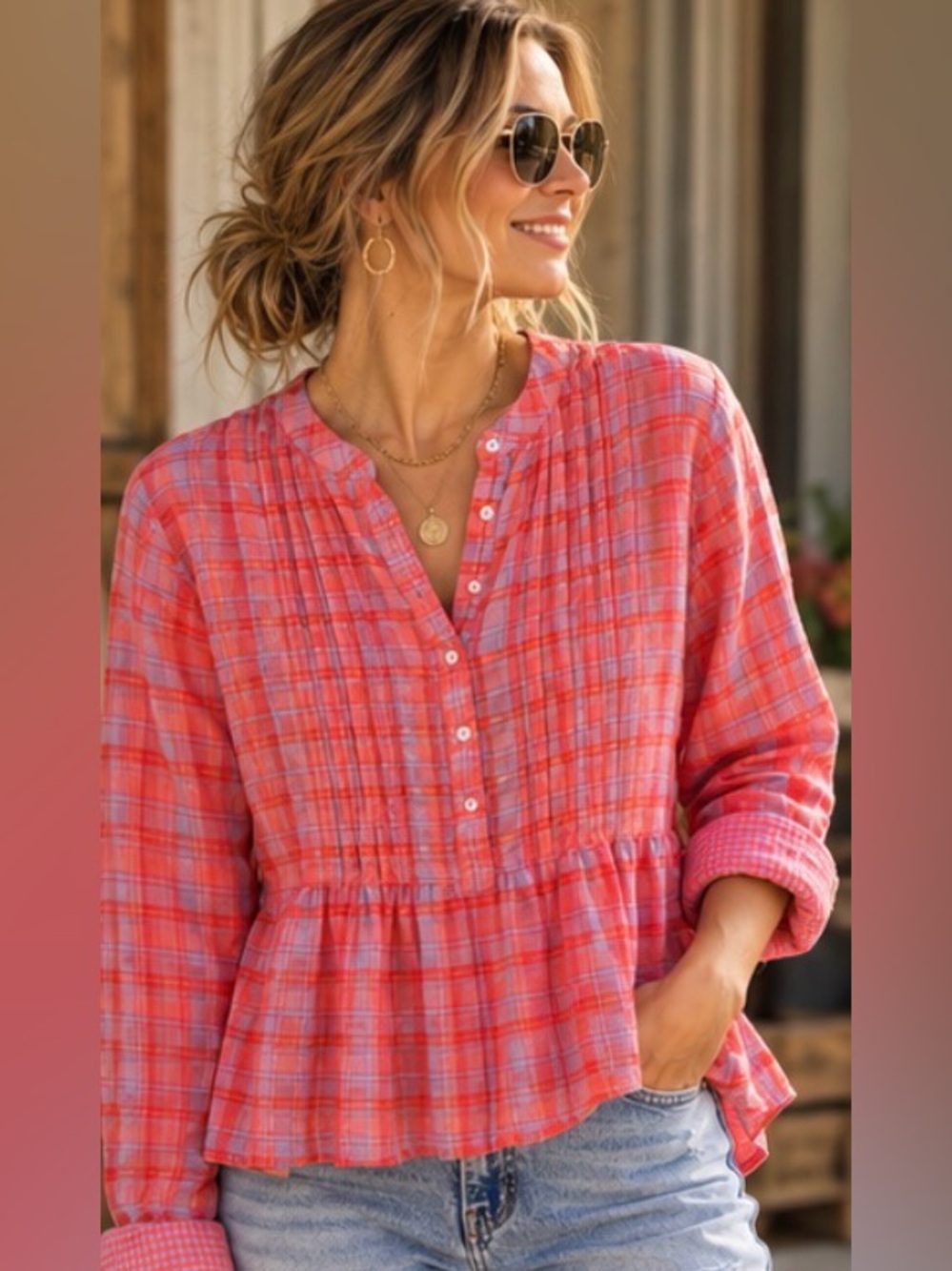 NWT Natural Life Montana Cotton Plaid Pintuck Boho Peasant Henley Top
